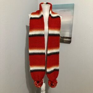 Striped Knit Scarf with Pom Poms
